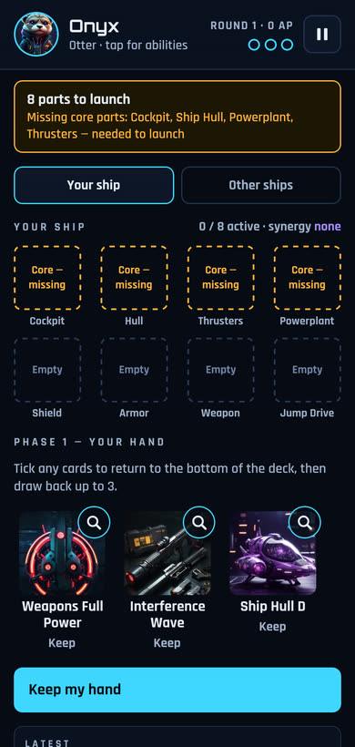 The Thrust phone app showing a player's hand